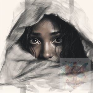 A Sketch of a beautiful black woman hiding in fear